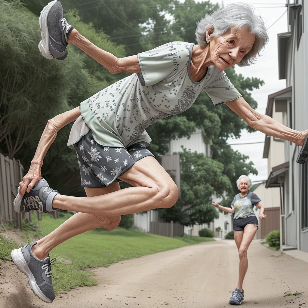 85 year old old woman,with gray hair ,printed shorts, loose blouse, sports shoe, making small jumps on a dirt street and green grass