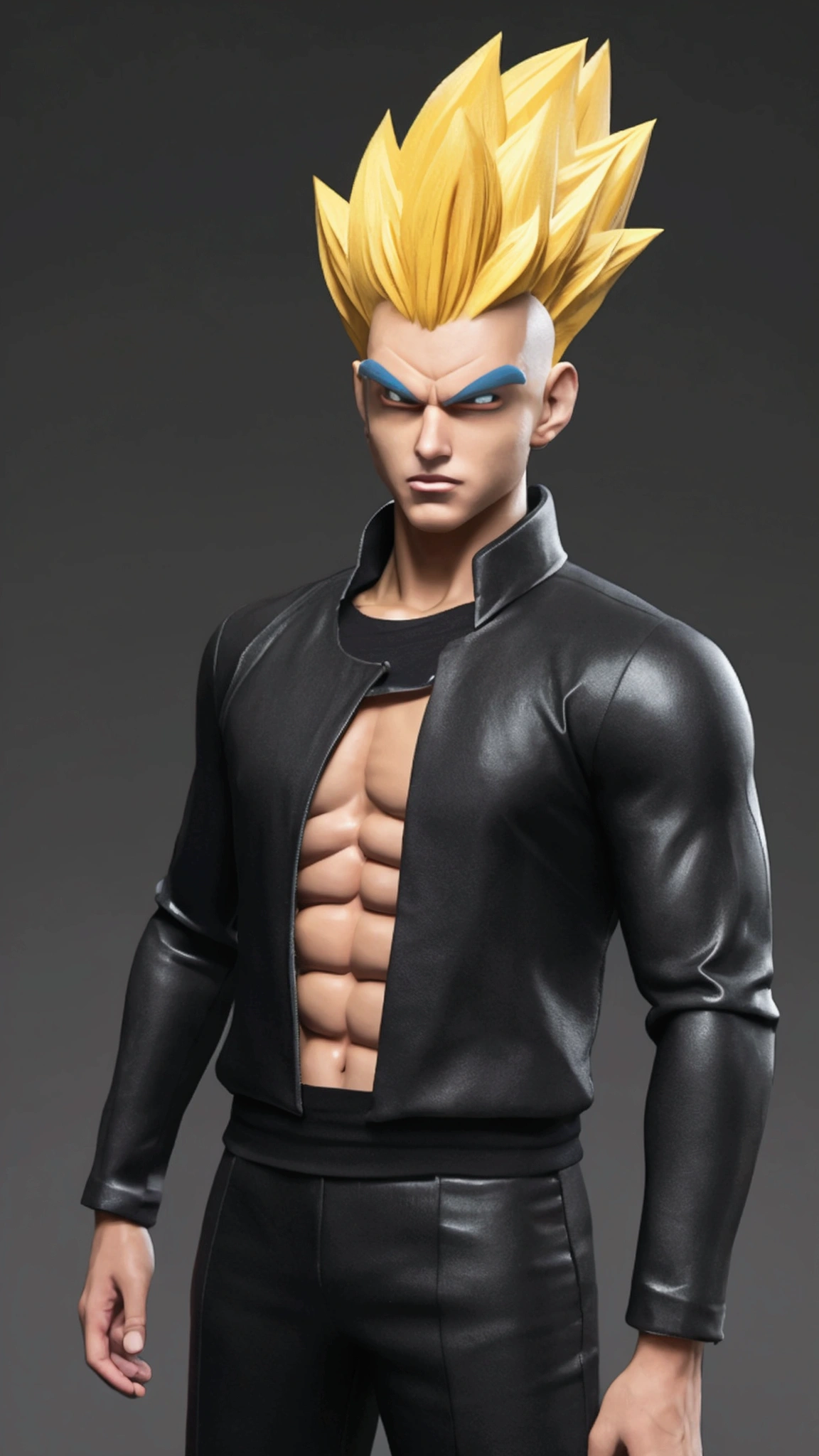 “Create a futuristic character inspired by Goku at level 4 in Super Saiyan. It must have a modern and technological look, with futuristic details in your clothing and accessories. The character must have his arms crossed, displaying a confident and powerful expression. Your appearance should reflect strength and determination, with spiky hair and intense eyes, characteristics of Super Saiyan level 4.”igual dragon ball gt