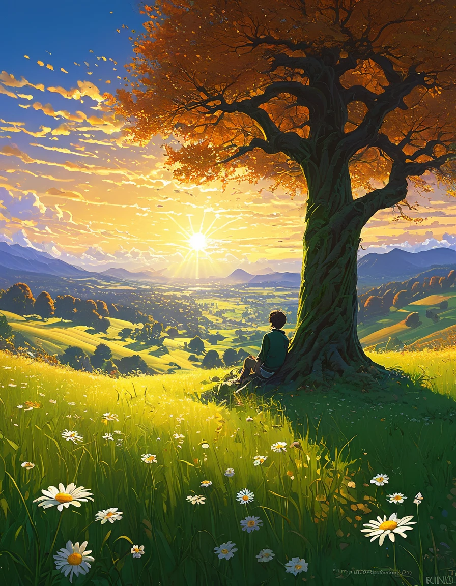  fondo de pantalla de arte anime 8 K, fondo animado art, Fondo De Pantalla De Paisaje De Anime, ANIME MASTERPIECE - Creates an image of a serene, sunlit rural scene in vibrant, detailed anime style. The scene is a boy sitting next to a tree in an autumn meadow, looking at a vast golden sky with white clouds, an incredible sunset, tall green grass, daisy flowers, ULTRA Style Kilian Eng and Thomas Kinkade, Rob Gonsalves and Tim White , Silvain Sarriel. Rhads and Thomas Kinkade, inspired by RHADS, cyril rolando and m.w kalut, cyril rolando and m. w kalut, rhads!!!