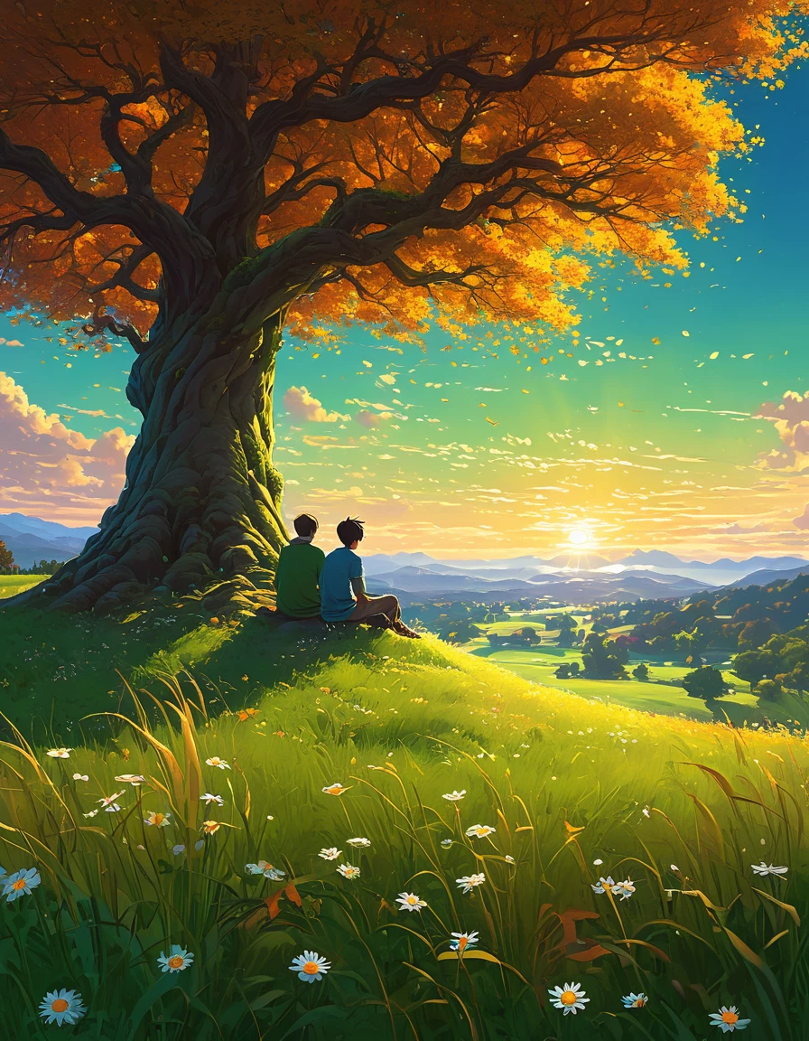 fondo de pantalla de arte anime 8 K, fondo animado art, Fondo De Pantalla De Paisaje De Anime, ANIME MASTERPIECE - Creates an image of a serene, sunlit rural scene in vibrant, detailed anime style. The scene is a boy sitting next to a tree in an autumn meadow, looking at a vast golden sky with white clouds, an incredible sunset, tall green grass, daisy flowers, ULTRA Style Kilian Eng and Thomas Kinkade, Rob Gonsalves and Tim White , Silvain Sarriel. Rhads and Thomas Kinkade, inspired by RHADS, cyril rolando and m.w kalut, cyril rolando and m. w kalut, rhads!!!