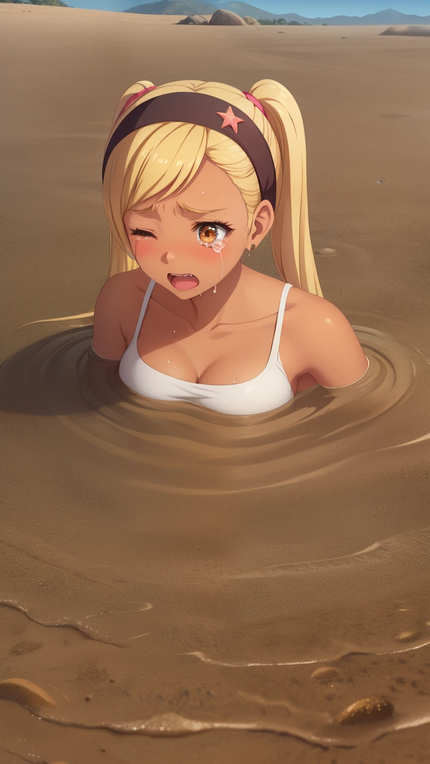 QUITTERIE RAFFAELI, LONG HAIR, BLONDE HAIR, TWINTAILS, HAIRBAND, DARK SKIN, DARK-SKINNED girl, JEWELRY, EARRINGS, 1girl, solo, masterpiece, illustration, game CG, absurdres, highly detailed, desert, (quicksand, partially submerged), tears on her cheeks, eyes closed, collarbone