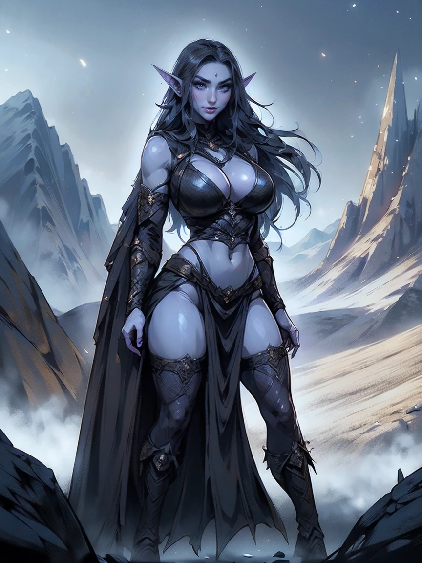 (masterpiece, top quality, best quality, official art, beautiful and aesthetic:1.2), (1girl:1.3), ((Sharp facial features, sharp features, hawkish features)), ((big hair, long elf ears, long black hair)), (((pale purple skin, pale blue skin, blue skin, purple skin))), big tits dark elf girl, extremely detailed, portrait, looking at viewer, solo, (full body:0.6), detailed background, full-body shot, (cold night mountain theme:1.1), dark elf war dancer, (spiky winged helmet), charlatan, smirk, mysterious, swaying in mountains, skimpy attire, revealing gladiatrix costume, ebony metal, gold filigree, long boots, dual knives, blood red fabric, pelvic curtain, loincloth, black leather, ((((cleavage, skindentation, long legs, pelvic curtain)))), cute belly button, toned tummy, slim waist, slim hips, long legs, medieval (mountain exterior:1.1) background, dark mysterious lighting, shadows, magical atmosphere, dutch angle