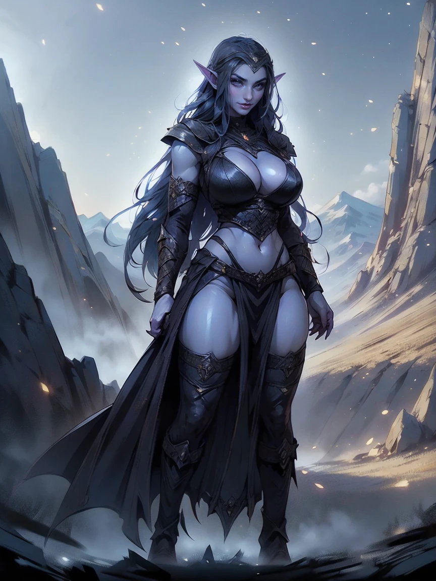 (masterpiece, top quality, best quality, official art, beautiful and aesthetic:1.2), (1girl:1.3), ((Sharp facial features, sharp features, hawkish features)), ((big hair, long elf ears, long black hair)), (((pale purple skin, pale blue skin, blue skin, purple skin))), big tits dark elf girl, extremely detailed, portrait, looking at viewer, solo, (full body:0.6), detailed background, full-body shot, (cold night mountain theme:1.1), dark elf war dancer, (spiky winged helmet), charlatan, smirk, mysterious, swaying in mountains, skimpy attire, revealing gladiatrix costume, ebony metal, gold filigree, long boots, dual knives, blood red fabric, pelvic curtain, loincloth, black leather, ((((cleavage, skindentation, long legs, pelvic curtain)))), cute belly button, toned tummy, slim waist, slim hips, long legs, medieval (mountain exterior:1.1) background, dark mysterious lighting, shadows, magical atmosphere, dutch angle
