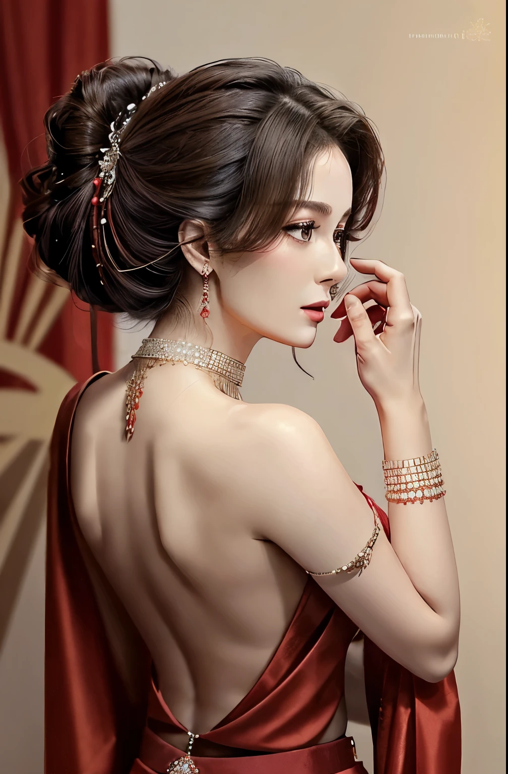 One women in red saree posing for a photo, showing her shoulder from back, elegant profile pose, looking her shoulder, profile pose, doing an elegant pose, side pose, back pose, actress, from the back, stunning elegant pose, posed in profile, side profile shot, profile posing, stylish pose, glamorous pose, side - view sexy figure