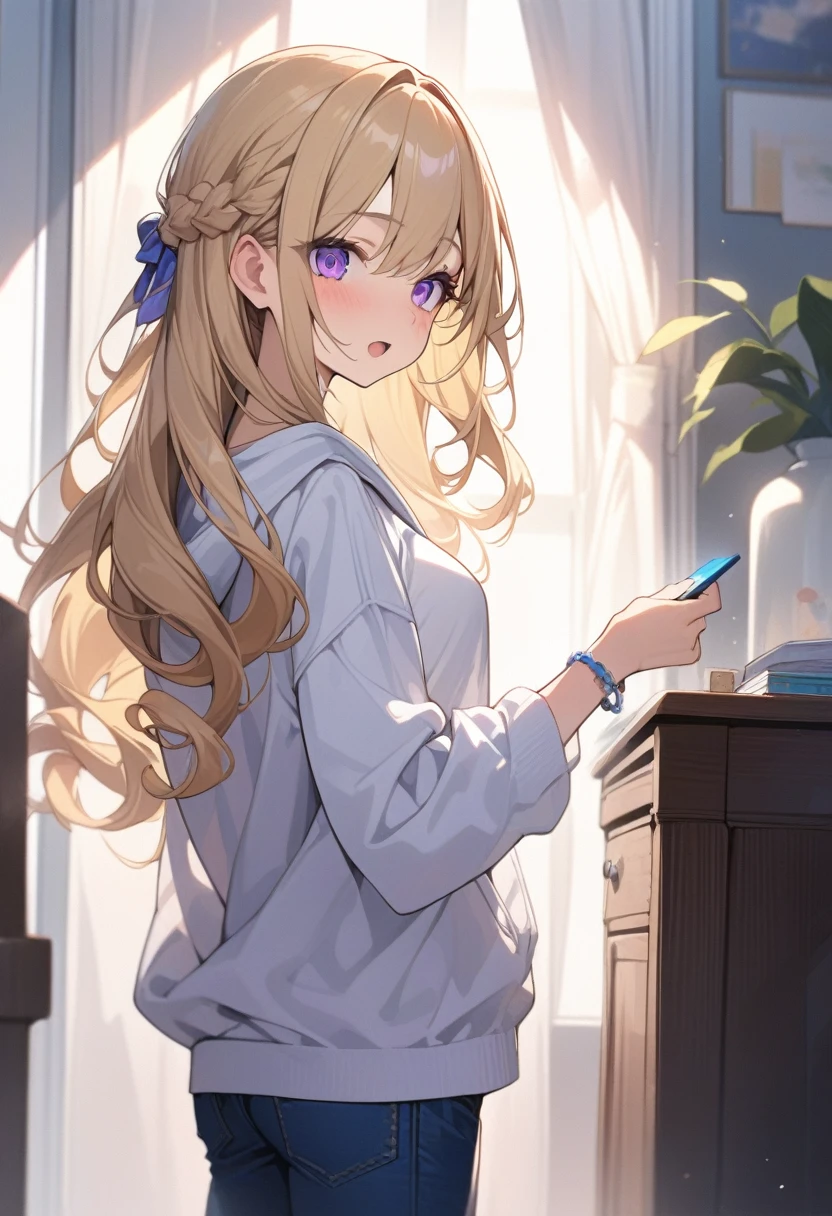 masterpiece, best quality, extremely detailed, ultra detailed, flat anime, 2D,
1girl, (young adult:1.2),blonde hair, (semi-long hair:1.2), curly hair, french braid, medium breasts, purple eyes, tsurime, height 1.7meters, 
white hooded sweatshirt, jeans,bracelet, long sleeves,socks,
very interesting, open mouth, USB flash drive in hand, 
upper body, portrait, looking back
summer, livingroom, 12AM., standing