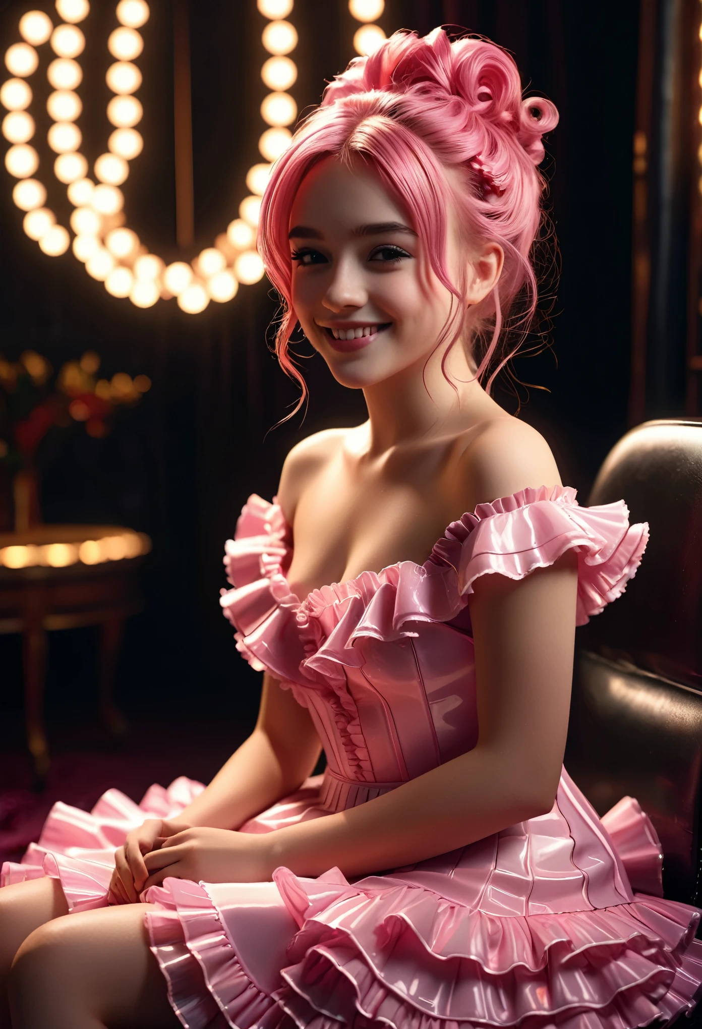 highly detailed, 8k, masterpiece, One girl, pink frills_hair_tube, dress, bend_that's all , Grin, (perfection_face), Sitting, machine, Brilliant, Complex, Dramatic lighting, 4K, detailed_background, Caustics, full_body, (Surreal:1.3), bloom,(Beautiful lighting:1.3), Caustics, Dynamic Lighting, Beautiful lighting, (Dakota Fanning:0.5) 