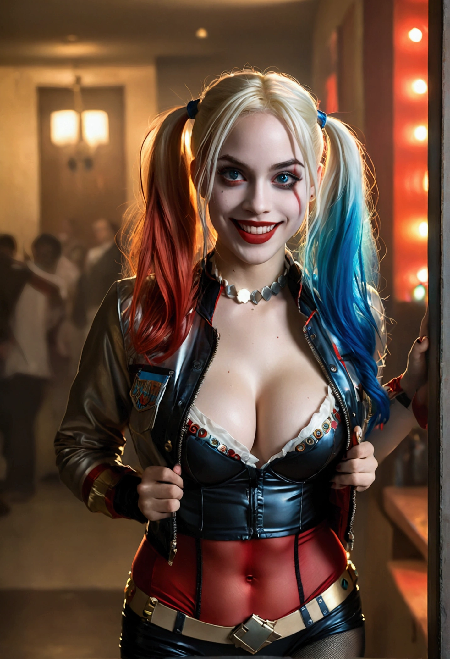 ultra realistic, photography, long red hair, girl, 24 years old, hourglass figure, perfect body, Flirty look, extremely detailed artgerm, in the style artgerm, small breasts, facing the camera, lens 35 mm, blur background, red and blue Harley Quinn costume (from the 2016 suicide squad movie), lively costume party as background, laughing, full body picture, full body, black sheer tights