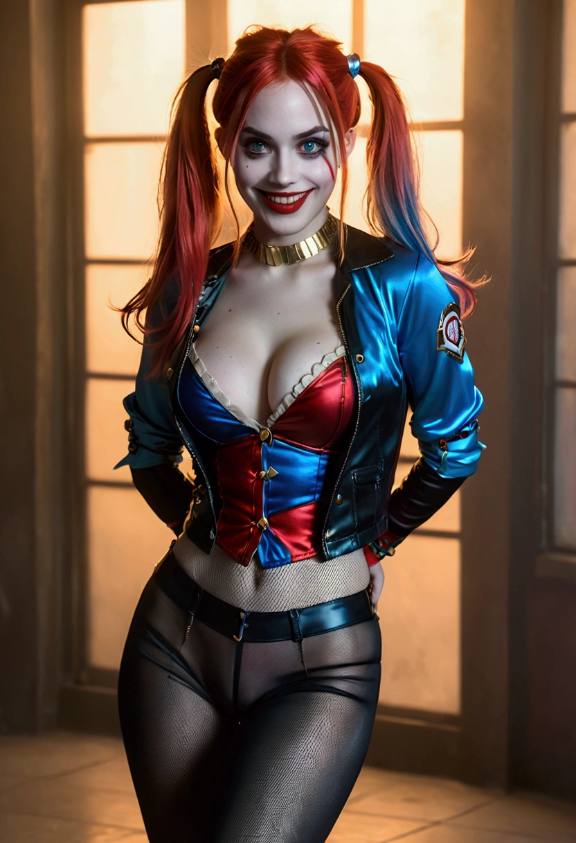 ultra realistic, photography, long red hair, girl, 24 years old, hourglass figure, perfect body, Flirty look, extremely detailed artgerm, in the style artgerm, small breasts, facing the camera, lens 35 mm, blur background, red and blue Harley Quinn costume (from the 2016 suicide squad movie), lively costume party as background, laughing, full body picture, full body, black sheer tights