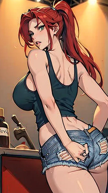 ((Red hair)), green eyes, long hair up to half, huge bust, ((full lips)), ((masterpiece)), ((detailed)), ((tank top)), ((denim shorts)), ((Best Quality)), ((gig stage)), huge breasts, ((bright)), (pretty eyes), looking away, playing an electric guitar with a powerful pose