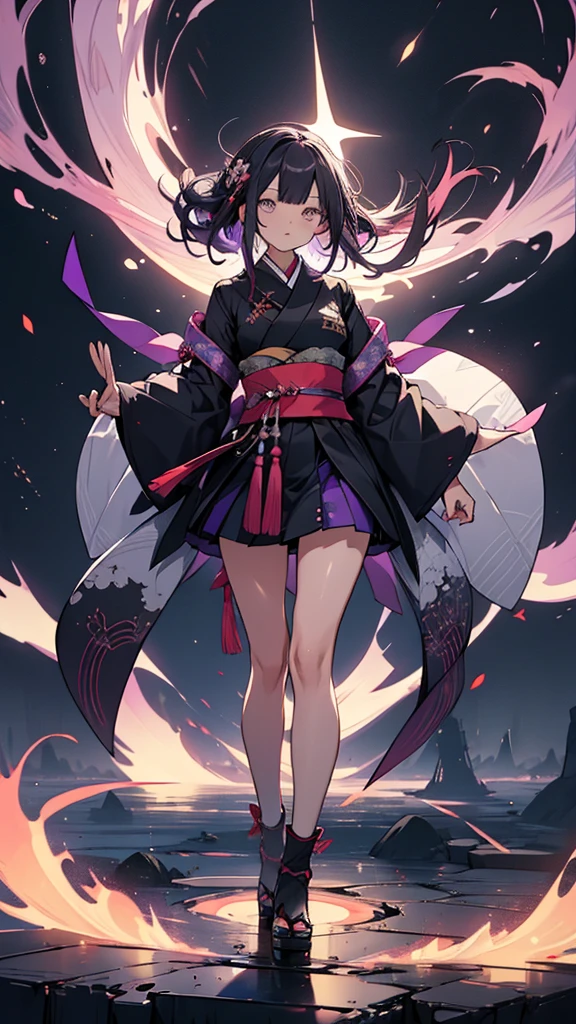 skinny girl, ultra high definition, very detailed, shuriken, shot, bundled hair, whole body, traditional Japanese outfit, short skirt, 23 years old, destroyed planet background, two tone hair (black, purple), Cheng'an, beautiful eyes, Adult