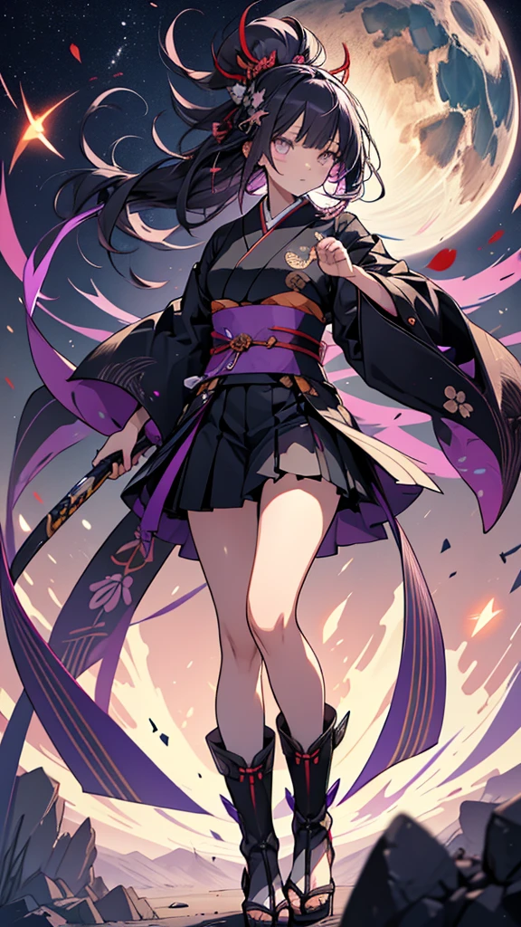 skinny girl, ultra high definition, very detailed, shuriken, shot, bundled hair, whole body, traditional Japanese outfit, short skirt, 23 years old, destroyed planet background, two tone hair (black, purple), Cheng'an, beautiful eyes, Adult