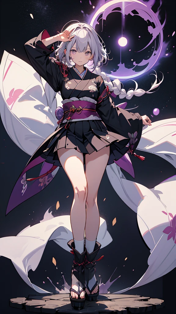 skinny girl, ultra high definition, very detailed, shuriken, shot, bundled hair, whole body, traditional Japanese outfit, short skirt, 23 years old, destroyed planet background, two tone hair (black, purple), Cheng'an, beautiful eyes, Adult