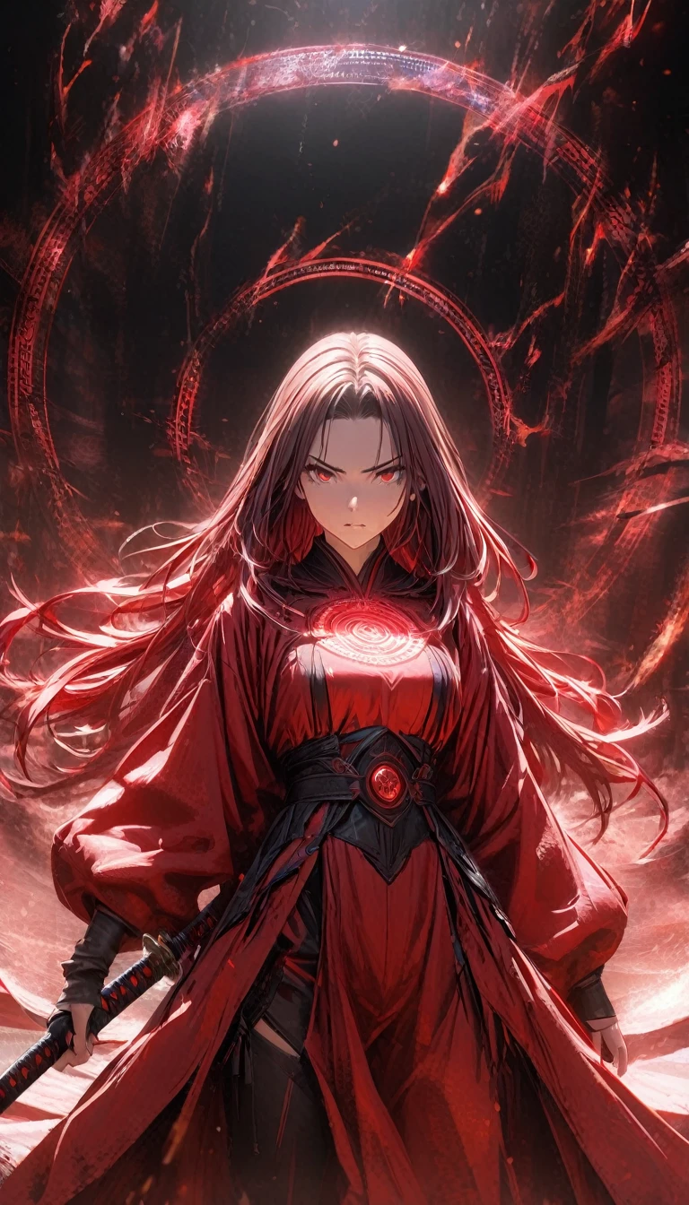 1girl,red curtain hair forehead,glowing katana,red glowing eldritch magic circle, serious,calm perfect body,8k,high definition,