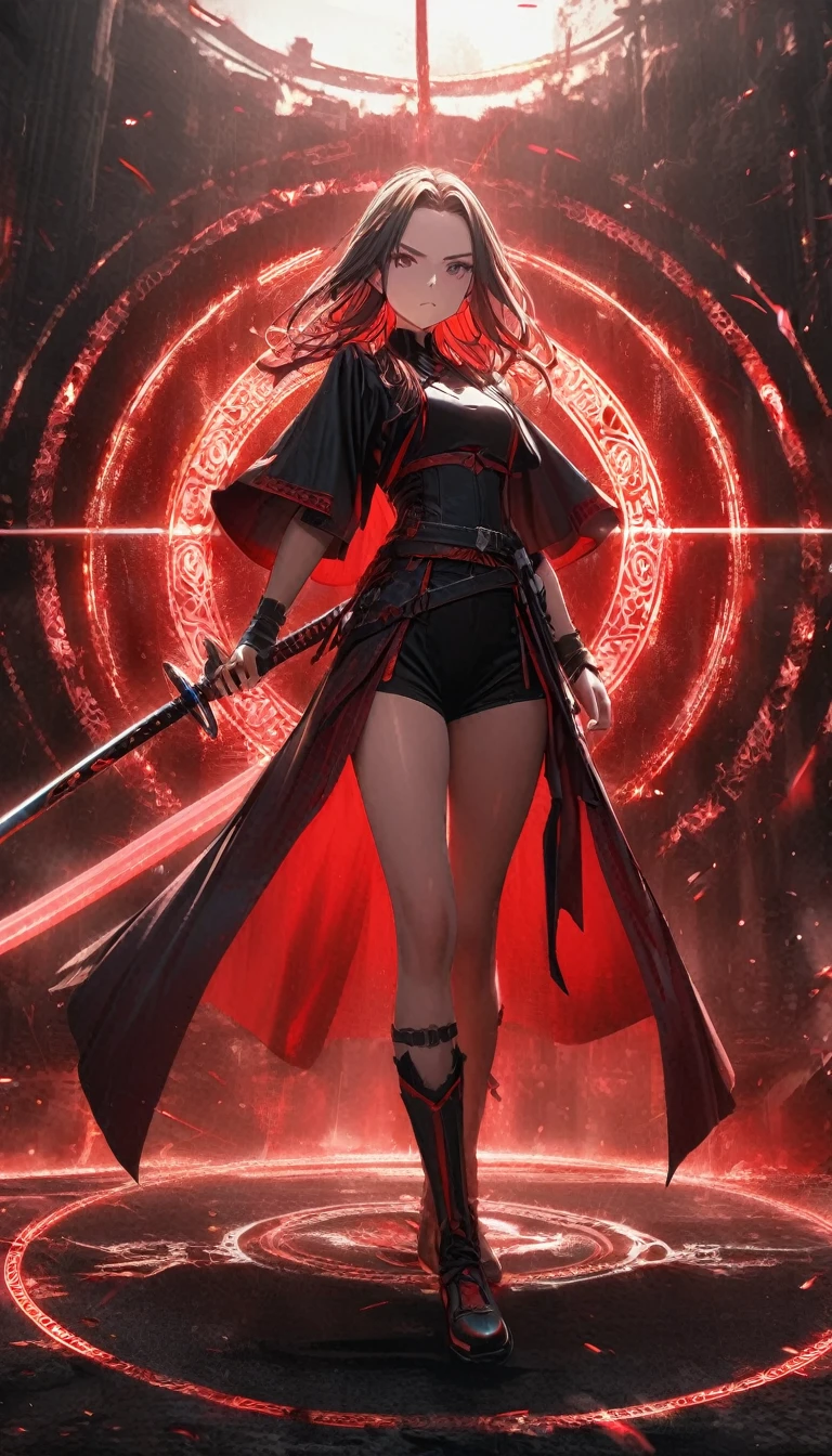 1girl,red curtain hair forehead,glowing katana,red glowing eldritch magic circle, serious,calm perfect body,8k,high definition,