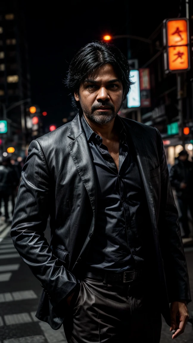 (Highest quality, Ultra HD, 16k, Masterpiece) Pawan Kalyan, portraying a character akin to John Wick, strides with purpose through the neon-lit streets of Tokyo at night. The shot is a medium view that captures him and the vibrant cityscape around him. Pawan Kalyan has a stoic and determined expression, his rugged features highlighted by subtle shadows and the glow of city lights. His hair is swept back, adding to his sharp and focused demeanor. He is dressed in a sleek, tailored suit that exudes both elegance and lethality. The suit, dark in color, fits him perfectly, accentuating his athletic physique. Underneath the jacket, he wears a crisp dress shirt with an open collar, revealing a hint of a tactical vest and holster harness underneath. His pants are tailored for movement, paired with polished leather shoes that reflect the city's lights with each step. Pawan Kalyan holds a customized pistol in one hand, the weapon gleaming under the neon lights, held in a stylized and confident manner akin to John Wick's iconic pose. His other hand rests casually in his pocket, a subtle yet powerful gesture that adds to his aura of calm readiness. In the background, Tokyo's streets buzz with life, illuminated by a myriad of neon signs and bustling with a blend of traditional and modern architecture. The city skyline looms in the distance, a testament to its vibrant and dynamic atmosphere. The shot captures the essence of urban elegance and danger, with Pawan Kalyan's presence as the focal point amidst the city's nocturnal energy. The lighting is cinematic, with contrasts that emphasize both the sharp lines of his attire and the depth of the urban backdrop. The overall scene encapsulates the essence of a modern-day warrior navigating a world where danger lurks around every corner, blending style with lethal precision. Zoomed out shot, long shot, (((long shot)))