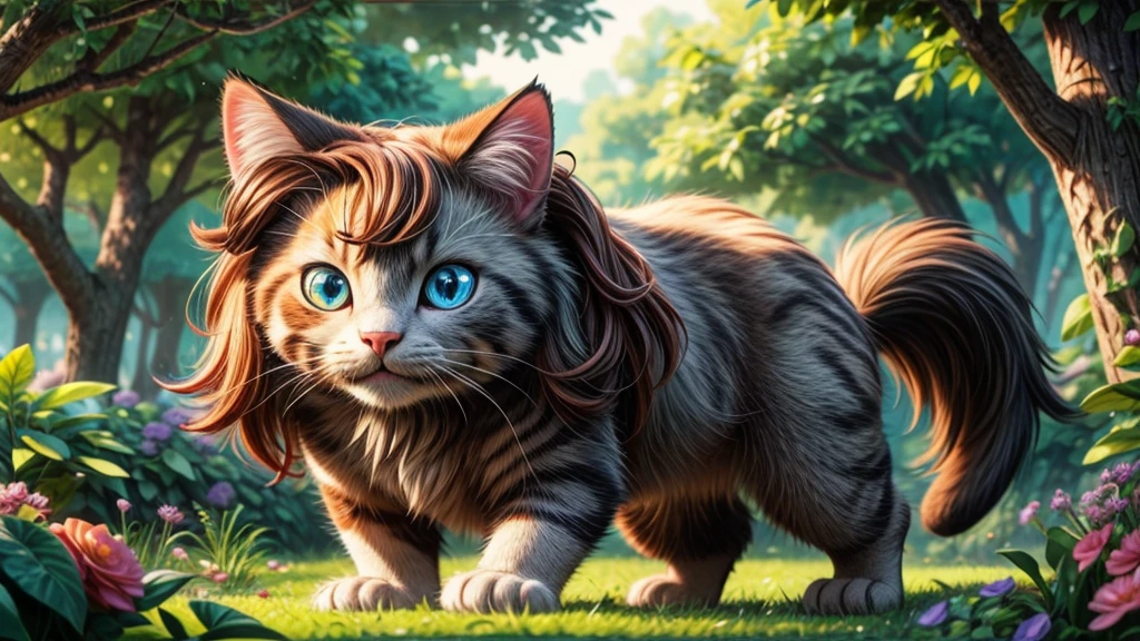 a giant cat, nekomata, startling a girl, beautiful detailed eyes, beautiful detailed lips, extremely detailed eyes and face, long eyelashes, portrait, intricate details, highly detailed, hyper realistic, 8k, masterpiece, dramatic lighting, moody atmosphere, eerie, surreal, supernatural, fantasy, cinematic, vivid colors, chiaroscuro
