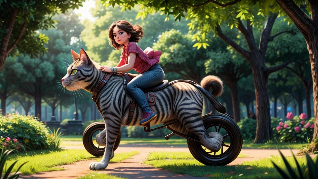 a huge cat, a girl riding on its back, playing in a park, beautiful detailed eyes, beautiful detailed lips, extremely detailed eyes and face, long eyelashes, photorealistic, 8k, hyperrealistic, highly detailed, digital painting, fantasy, vibrant colors, natural lighting, lush foliage, detailed textures, intricate patterns, cinematic composition, magical atmosphere, dreamlike, whimsical
