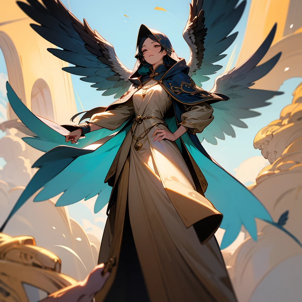 high resolution、The Archangel motif、A dignified, elegant and refined adult woman。Angel of Nature。髪は長い髪

Long hair、Large angel wings growing、Image of bronze。Wearing a hood。
Standing、Hall々It is said that。
like medieval europe、Fantasy、美Shii、god々Shii。Holding a blue bird in his hand。