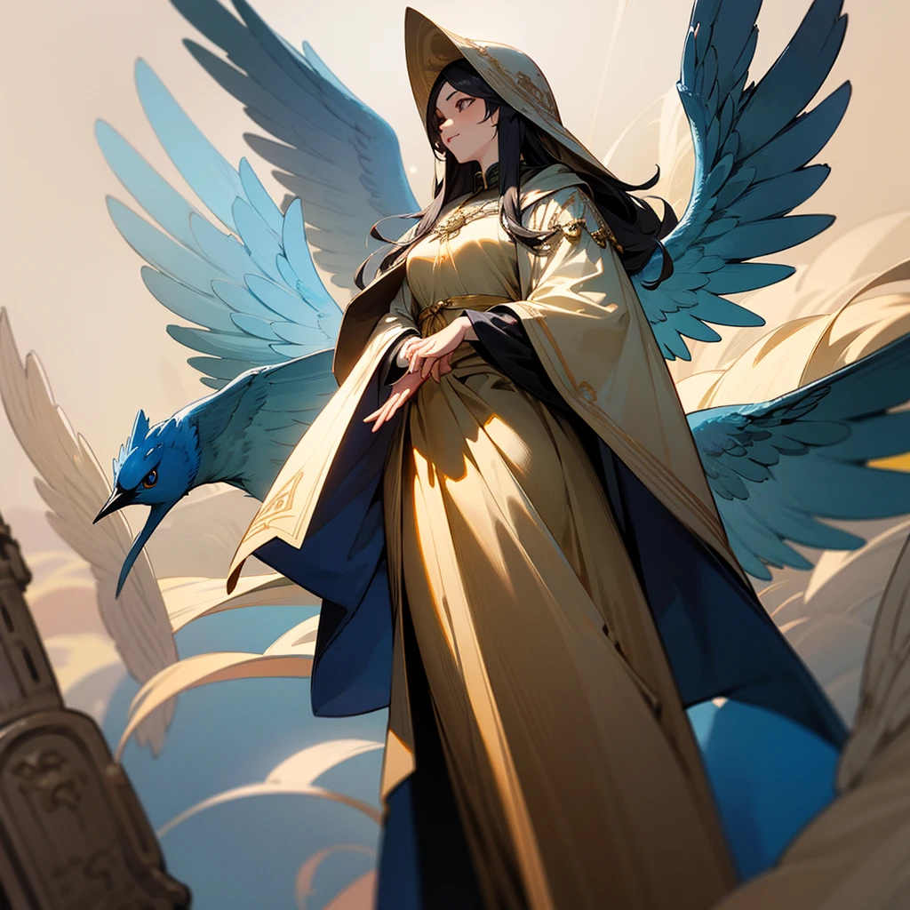 high resolution、The Archangel motif、A dignified, elegant and refined adult woman。Angel of Nature。髪は長い髪
Long hair、Large angel wings growing、Image of bronze。Wearing a hood。
Standing、Hall々It is said that。
like medieval europe、Fantasy、美Shii、god々Shii。Holding a blue bird in his hand。