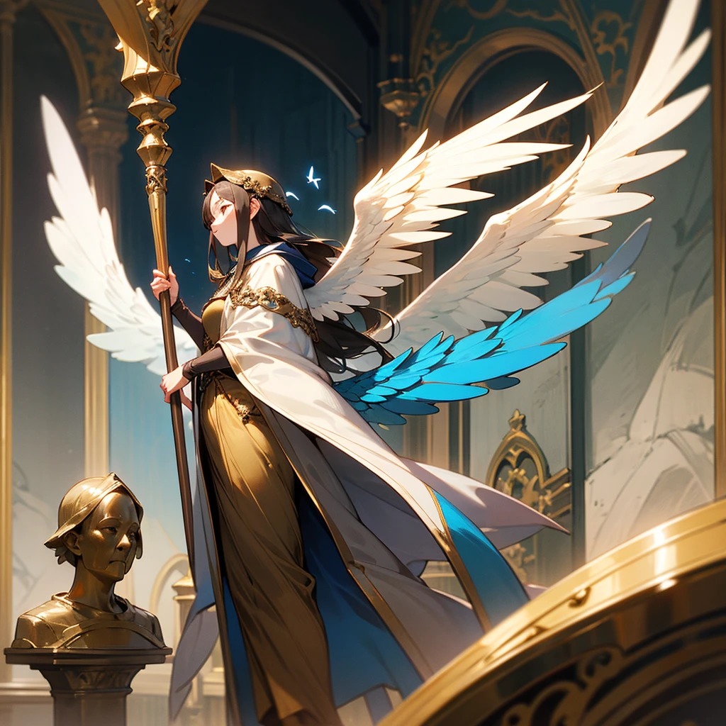 high resolution、The Archangel motif、A dignified, elegant and refined adult woman。Angel of Nature。髪は長い髪
Long hair、Large angel wings growing、Image of bronze。Wearing a hood。
Standing、Hall々It is said that。
like medieval europe、Fantasy、美Shii、god々Shii。Holding a blue bird in his hand。