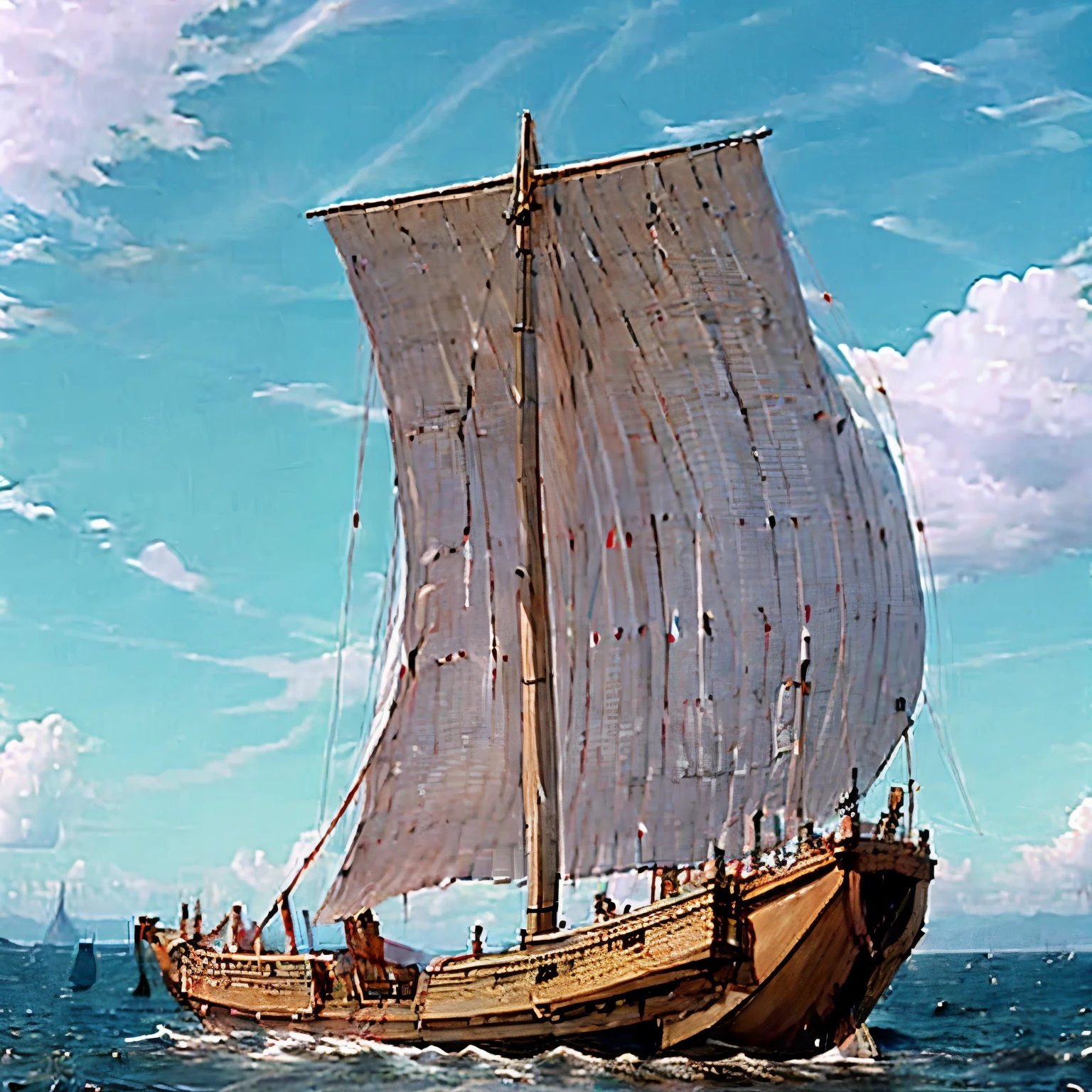 (masterpiece, Highest quality:1.2), The Hishigaki Kaisen ship galloping along smoothly、1ship、From the right、alone, (One mast)、(A sail)、Inflated sails、accurately、In detail、4K High Resolution、Blur the background、horizontal line、Distant land、