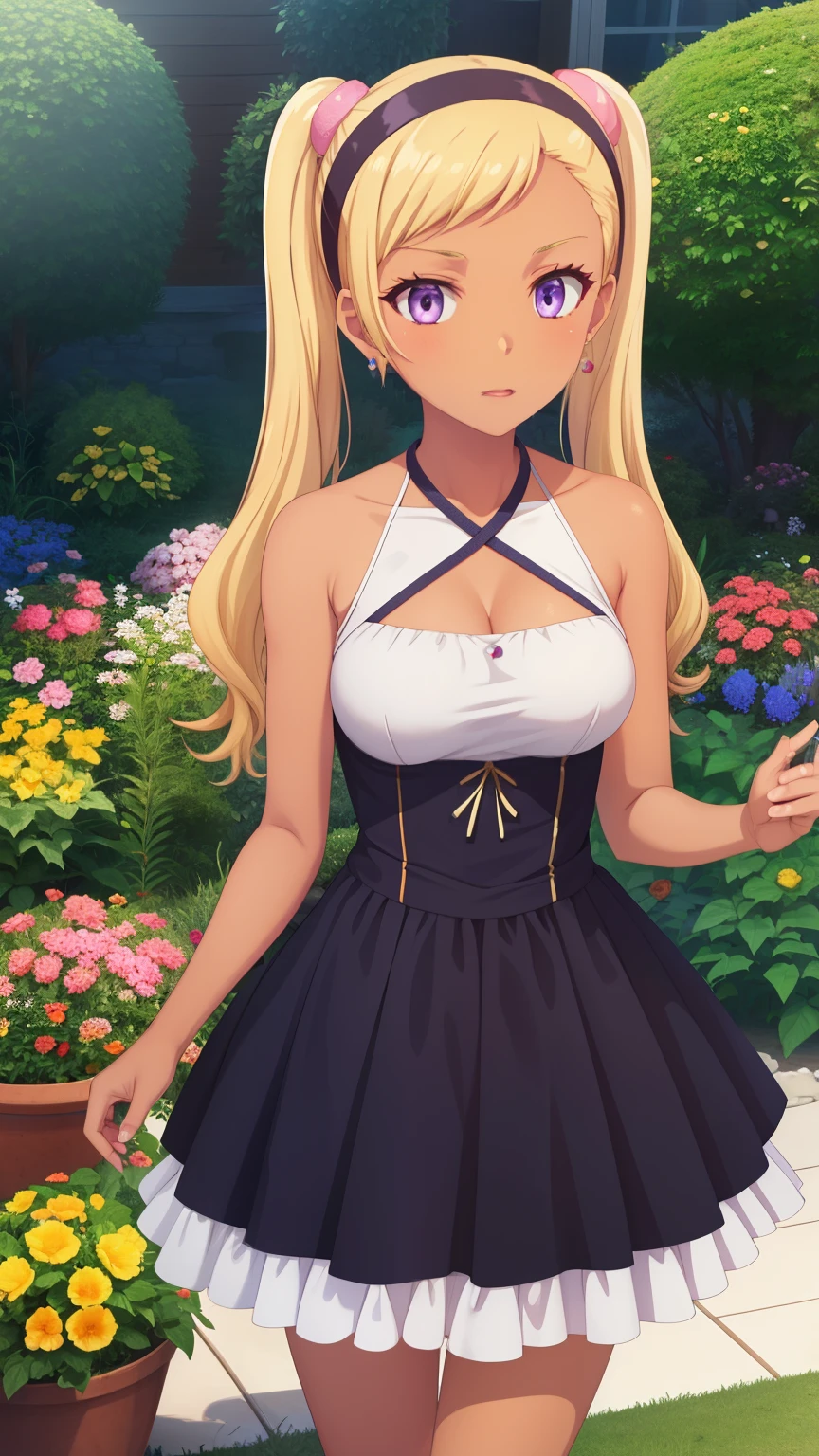 QUITTERIE RAFFAELI, LONG HAIR, BLONDE HAIR, TWINTAILS, PURPLE EYES, HAIRBAND, DARK SKIN, DARK-SKINNED girl, JEWELRY, EARRINGS, 1girl, solo, masterpiece, illustration, game CG, absurdres, highly detailed, halter-top dress, garden