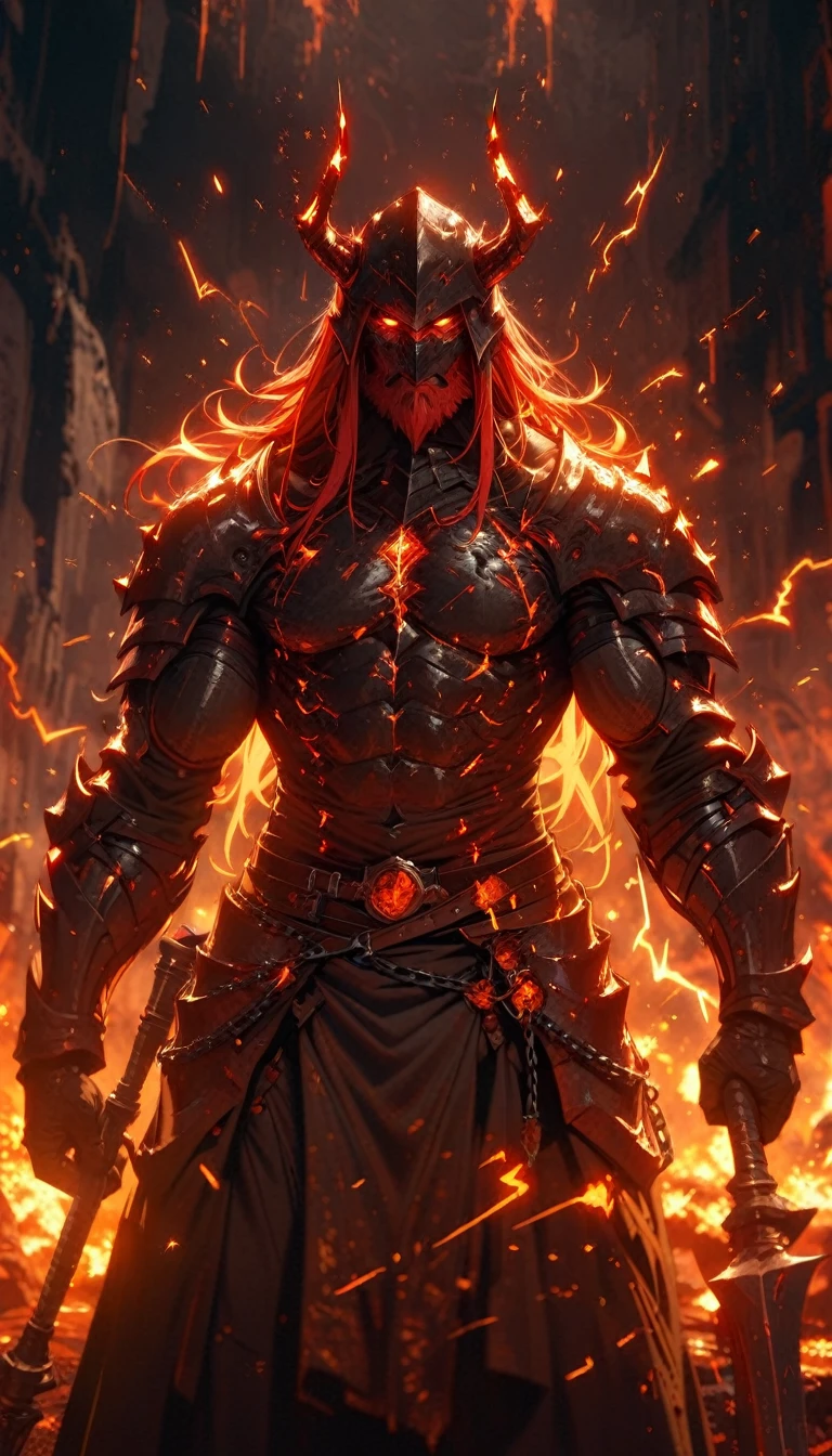 ((best quality)) , ((masterpiece)) , (detailed),axe, 1boy, male focus, horns, glowing eyes, holding, beard, glowing, solo, weapon, holding axe, facial hair, muscular, fire, holding weapon, chain, looking at viewer, long hair, lightning, muscular male, red hair, horned helmet, armor, helmet, belt, fake horns, molten rock, feet out of frame, standing, battle axe, electricity