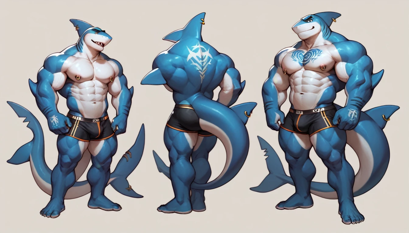 Shark anthropomorphic, blue-white skin color, male chest, Navel, nipples, full length, press, broad shoulders, muscular, tango briefs, Nipple piercing, tail piercing, piercing on right eyebrow, white tattoo on hand, 