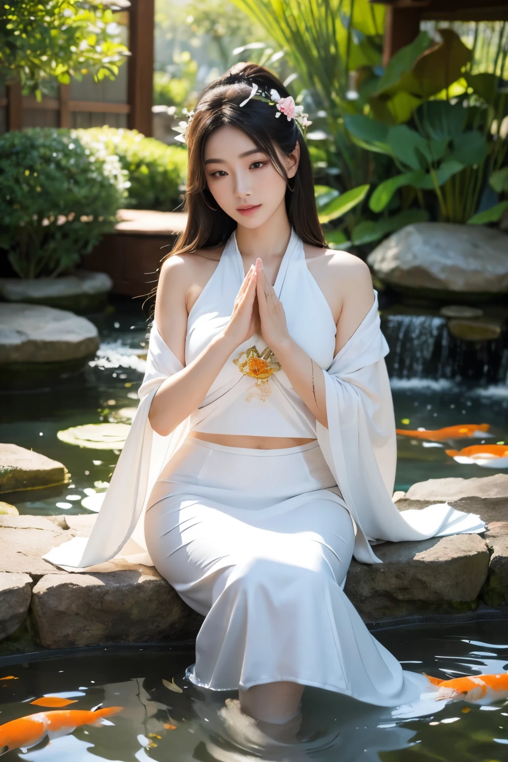 masterpiece, super realistic a beautiful woman in a discreet Zen costume, meditating in an elaborate Zen garden with a koi fish pond and lotus flowers; hyperdetailed face, super realistic eyes and hands, smooth, sparkling skin; big wise eyes; breathtaking-pure beauty-divine perfection-unforgettable, impressive presence; volumetric lighting, halos, rays, vivid color reflections, super detailed, super sharp, super realistic, 8K