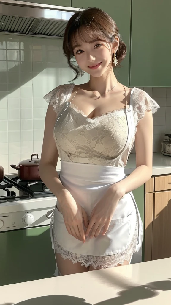 (초realistic), (illustration), (high resolution), (8k), (very detailed), (Best illustration), (beautiful and delicate eyes),(sharp focus), (professional), (realistic), (After treatment), (maximum detail),asperity, (best quality), (very detailed), (table top), (wallpaper), (detailed face), (hard and small shadow : 1.6),((Perfectly delicate five-finger hand)), 1 person, (19 years old), (Japanese beauty), (double eyelid), (delicate face), (Sunny Smile:1.4),(high nose), (plump lips), (porcelain white skin:1.2),slim waist, (big bust:1.6), long legs, big , Strong abs, ((Five-fingered feet with perfect proportions and details)), necklace, look at the viewer,earring, bob haircut,wavy hair or ponytail,(in a modern kitchen:1.2), (Wearing _kitchen_apron:1.4),(green lace with lace:1.2)、 me your armpits、raise one'8、i can see your pantiesanties、s lingotic、actke a model、sexatherbelt、Stacking、knee h、high socks