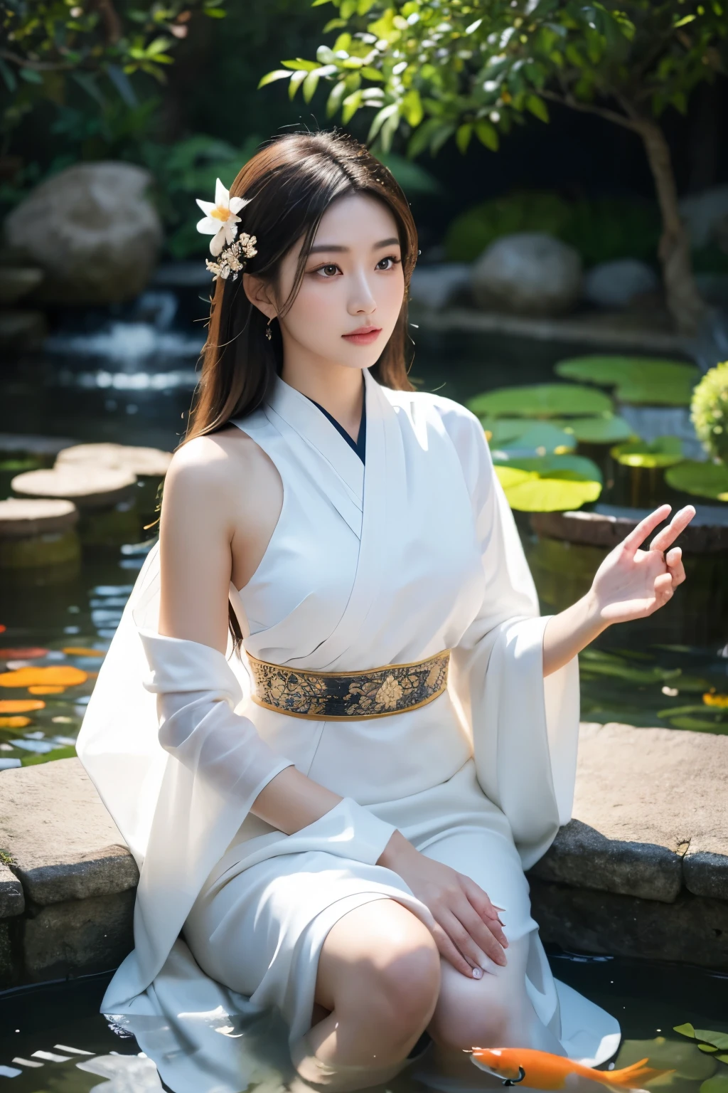 masterpiece, super realistic a beautiful woman in a discreet Zen costume, meditating in an elaborate Zen garden with a koi fish pond and lotus flowers; hyperdetailed face, super realistic eyes and hands, smooth, sparkling skin; big wise eyes; breathtaking-pure beauty-divine perfection-unforgettable, impressive presence; volumetric lighting, halos, rays, vivid color reflections, super detailed, super sharp, super realistic, 8K
