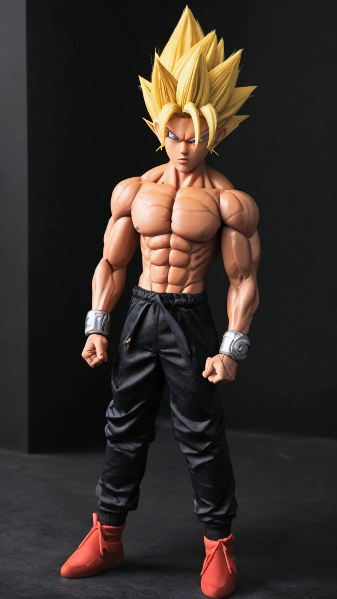 “Create a futuristic character inspired by Goku at level 4 in Super Saiyan. It must have a modern and technological look, with futuristic details in your clothing and accessories. The character must have his arms crossed, displaying a confident and powerful expression. Your appearance should reflect strength and determination, with spiky hair and intense eyes, characteristics of Super Saiyan level 4.&quot;like dragon ball gt black hair around red super sayajin ring with red monkey tail