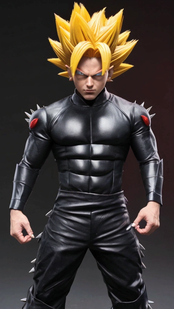 “Create a futuristic character inspired by Goku at level 4 in Super Saiyan. It must have a modern and technological look, with futuristic details in your clothing and accessories. The character must have his arms crossed, displaying a confident and powerful expression. Your appearance should reflect strength and determination, with spiky hair and intense eyes, characteristics of Super Saiyan level 4."like dragon ball gt black hair around red super sayajin ring with red monkey tail