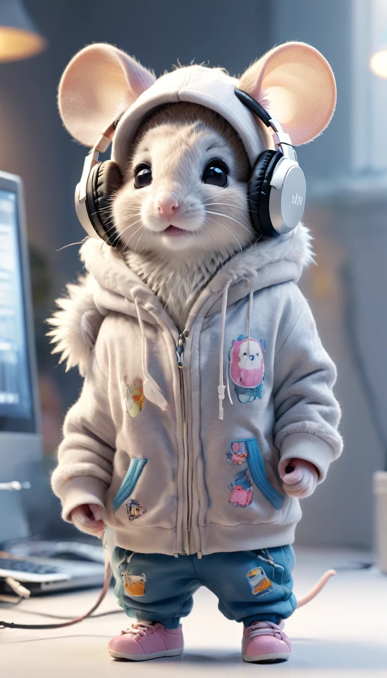 Cute baby mouse with fluffy fur and dressed in urban clothing, sweatshirt and headphones, white background, adorable digital painting, 3D rendering, bright lighting, vibrant colors
