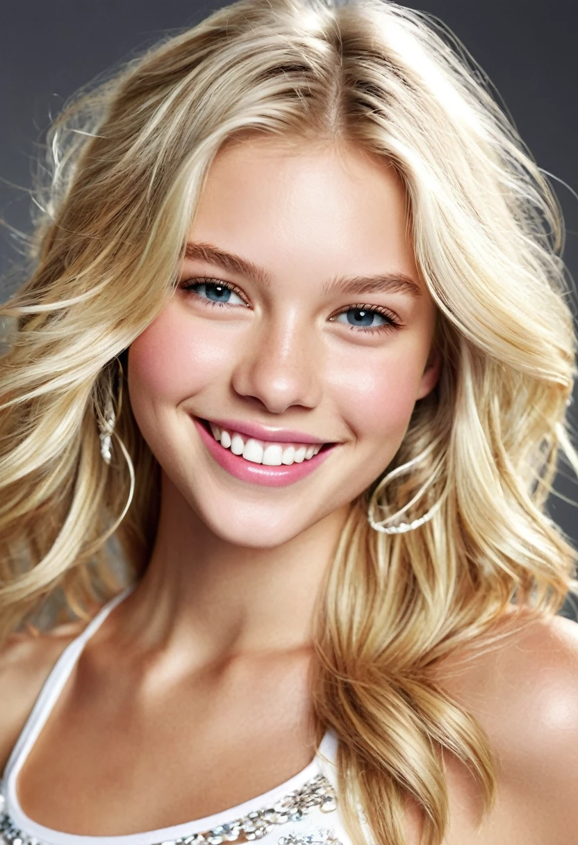 ((Beautiful)), young white teen, blonde hair, brightly smiling, in the style of Victoria’s Secret catalogs