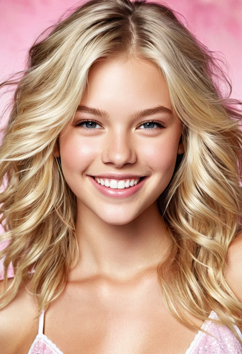 ((Beautiful)), white teen,nde hair, brightly smiling, in the style of Victoria’s Secret catalogs