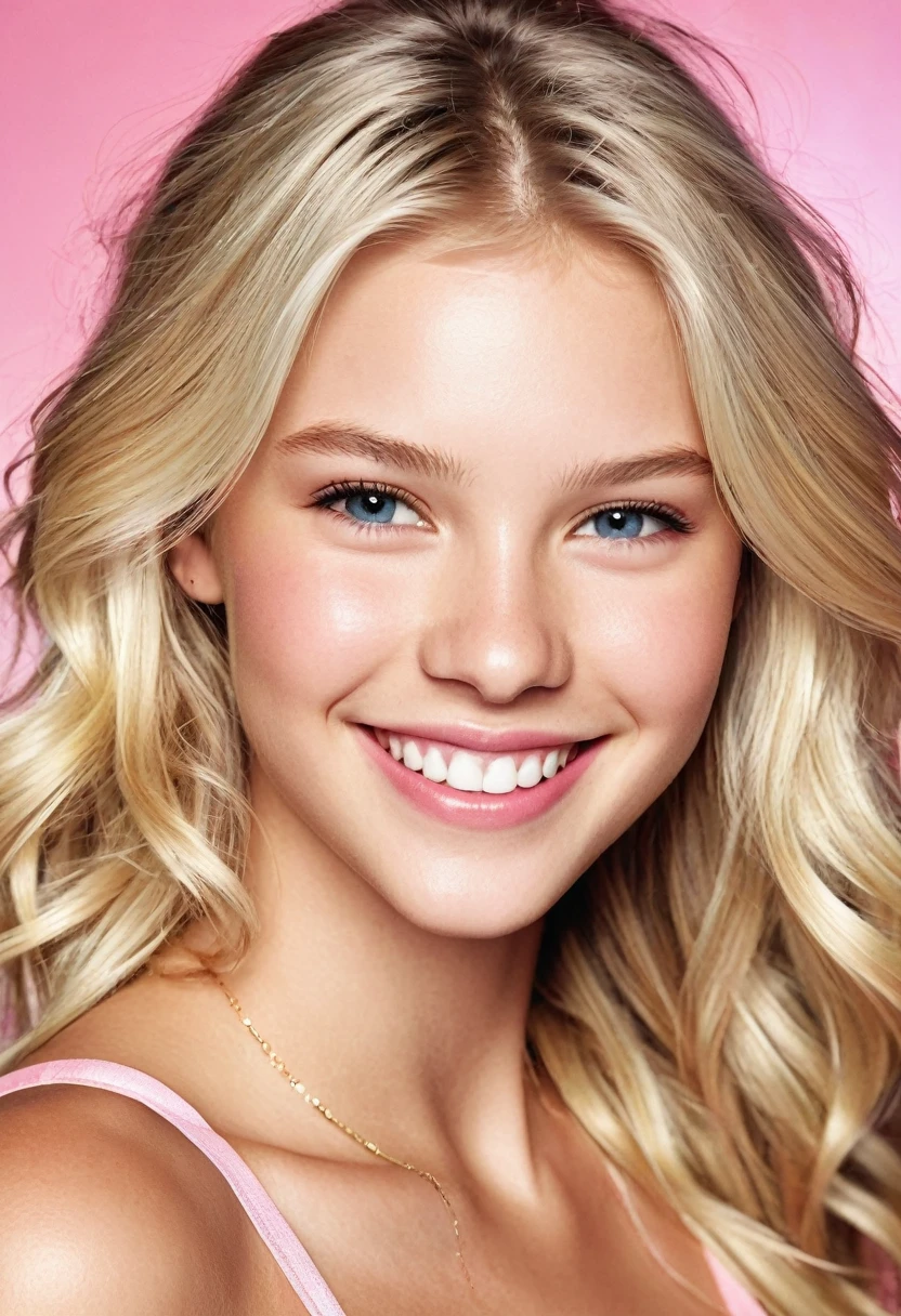 ((Beautiful)), young white teen, blonde hair, brightly smiling, in the style of Victoria’s Secret catalogs