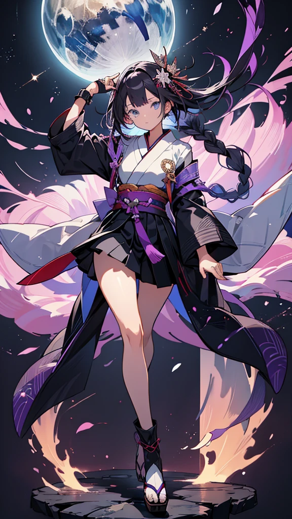 skinny girl, ultra high definition, very detailed, shuriken, shot, bundled hair, whole body, traditional Japanese outfit, short skirt, 23 years old, destroyed planet background, two tone hair (black, purple), blue eyes, beautiful eyes, Adult