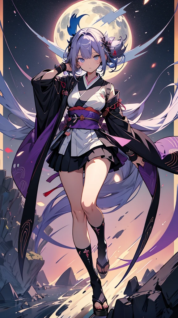 skinny girl, ultra high definition, very detailed, shuriken, shot, bundled hair, whole body, traditional Japanese outfit, short skirt, 23 years old, destroyed planet background, two tone hair (black, purple), blue eyes, beautiful eyes, Adult