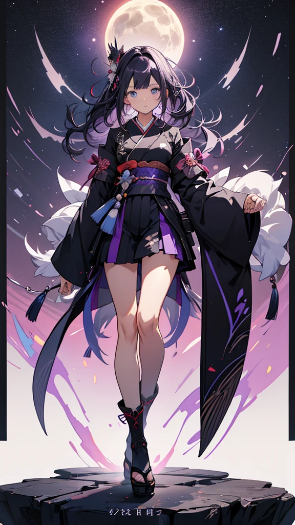 skinny girl, ultra high definition, very detailed, shuriken, shot, bundled hair, whole body, traditional Japanese outfit, short skirt, 23 years old, destroyed planet background, two tone hair (black, purple), blue eyes, beautiful eyes, Adult