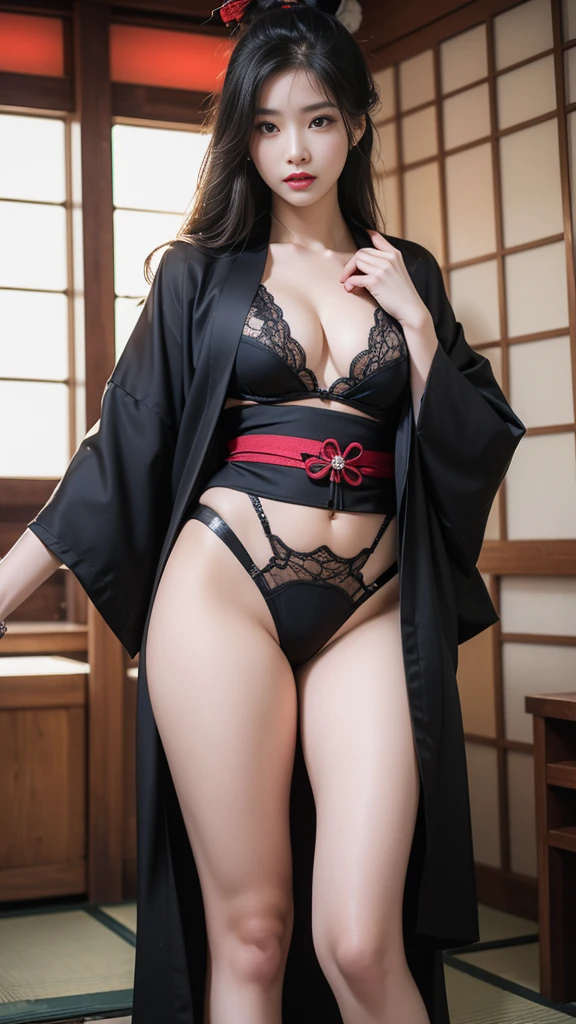 (Very sexy girl wearing sexy ukiyo-e kimono:1.3), lightweight bra, transparent, Black color头发颜色头发,, Black color stockings, lift your butt,Face Camera，Black color, ring, 4K, HD,looking at camera, Almost perfect, dynamic, The contents are very detailed.., brown, sharp focus，glowing skin，camel toe showing thighs!!!、