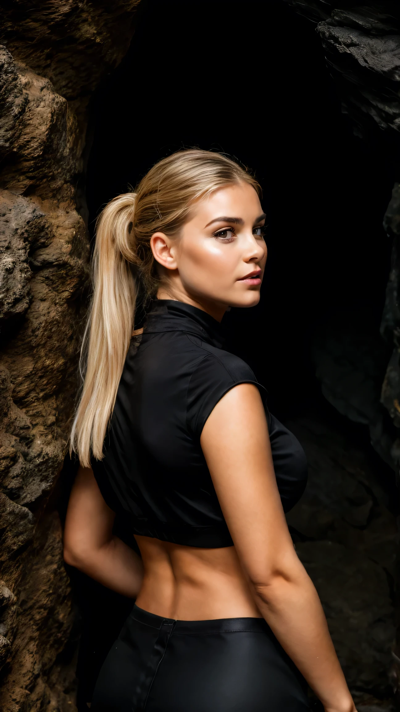 A charming 25-year-old Danish woman ,(In a dark cave)、A rustic hideaway surrounded by nature., complete, A voluptuous figure and especially large breasts, Charm. Blonde Hair、Dark Eyes、ponytail、Seductive face, volumptuous body、Charmです,Big Tits、masterpiece, 最high quality, high quality, High resolution, ((Pause_random))、((Upper body portrait))), Upper body portrait, Dark cave background,black garter set、View from behind、