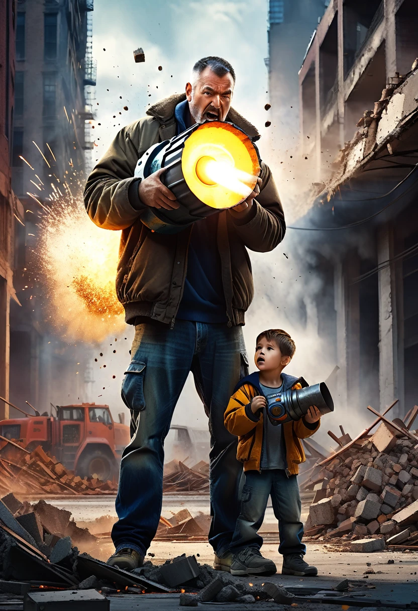a high quality digital painting of a (father) and (son) holding a (demolition device), dynamic composition, powerful, detailed characters, urban background, dramatic lighting, gritty style, concept art, action-packed scene, cinematic, front view, explosive effects, 4k