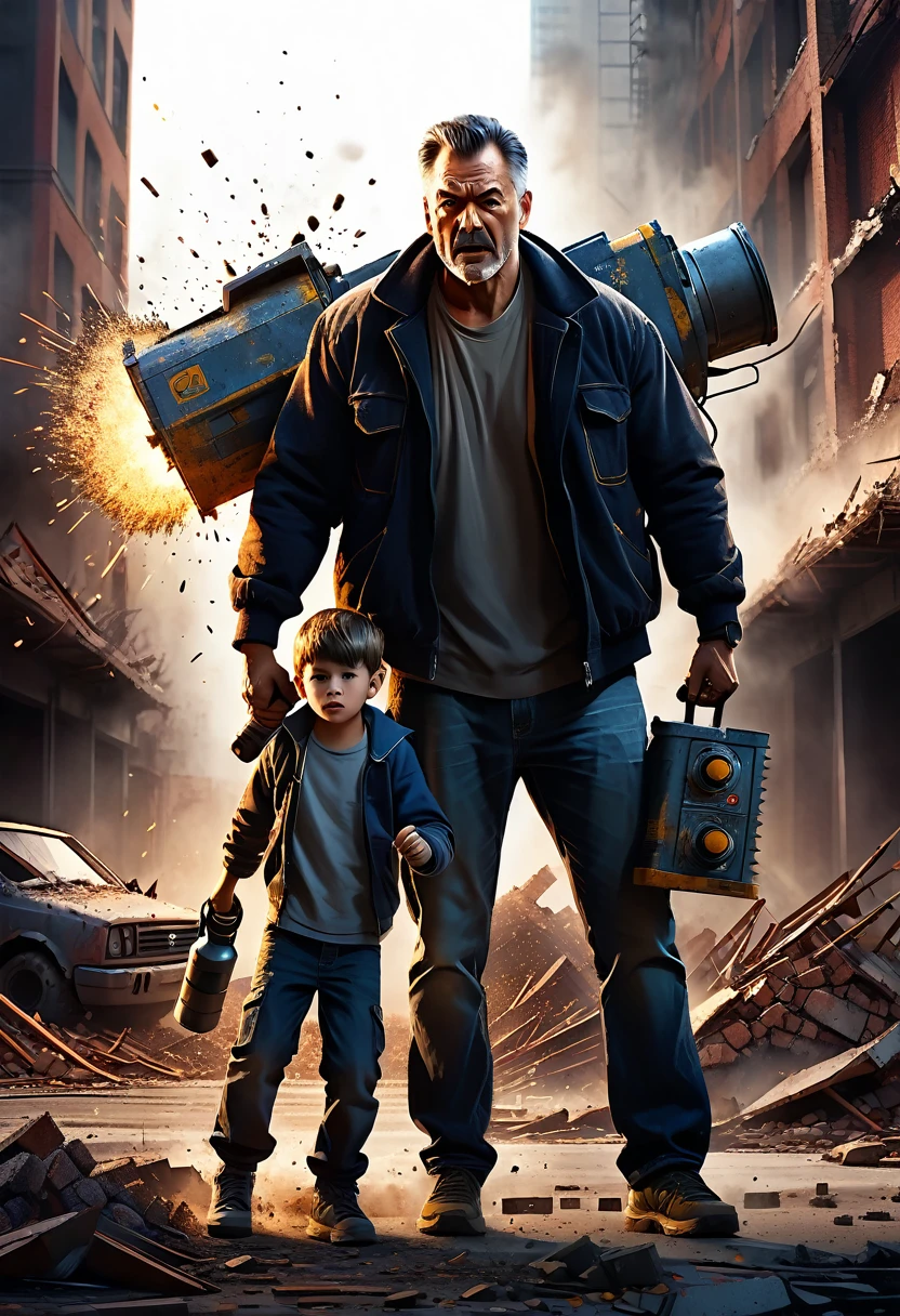 a high quality digital painting of a (father) and (son) holding a (demolition device), dynamic composition, powerful, detailed characters, urban background, dramatic lighting, gritty style, concept art, action-packed scene, cinematic, front view, explosive effects, 4k