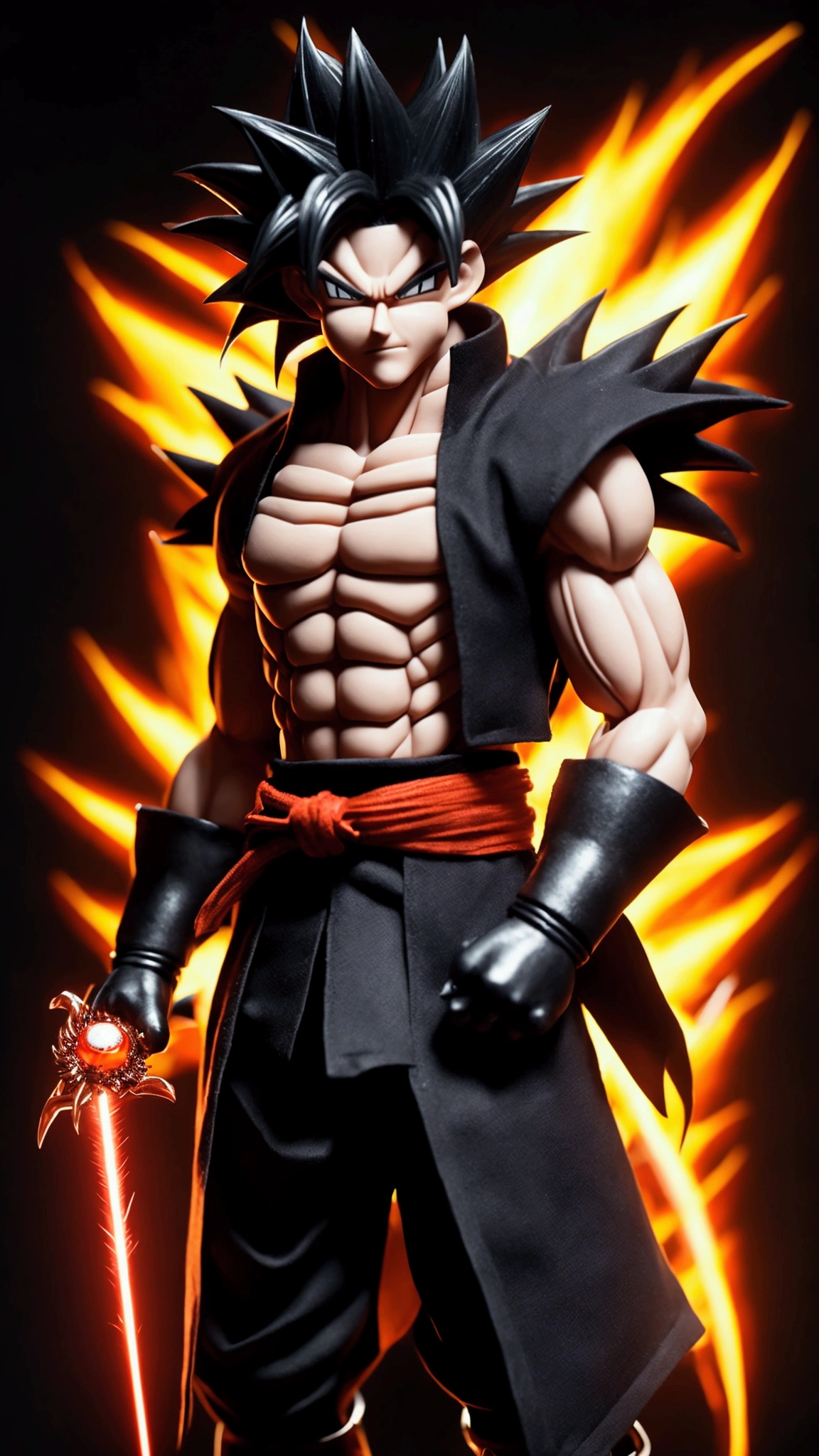 “Create a futuristic character inspired by Goku at level 4 in Super Saiyan. It must have a modern and technological look, with futuristic details in your clothing and accessories. The character must have his arms crossed, displaying a confident and powerful expression. Your appearance should reflect strength and determination, with spiky hair and intense eyes, characteristics of Super Saiyan level 4."like dragon ball gt black hair around red super sayajin ring with red monkey tail
