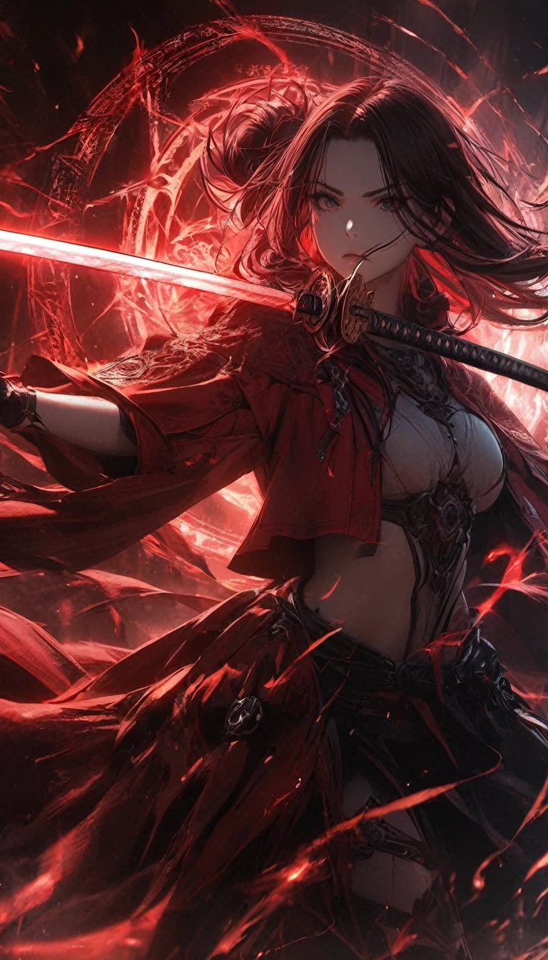 1girl,red curtain hair forehead,glowing katana,red glowing eldritch magic circle, serious,calm perfect body,closeup,8k,high definition,