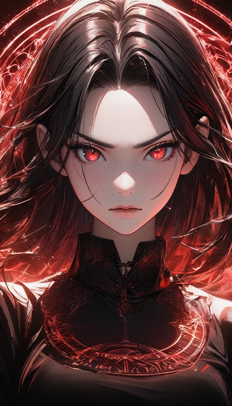1girl,red curtain hair forehead,glowing katana,red glowing eldritch magic circle, serious,calm perfect body,closeup,8k,high definition,
