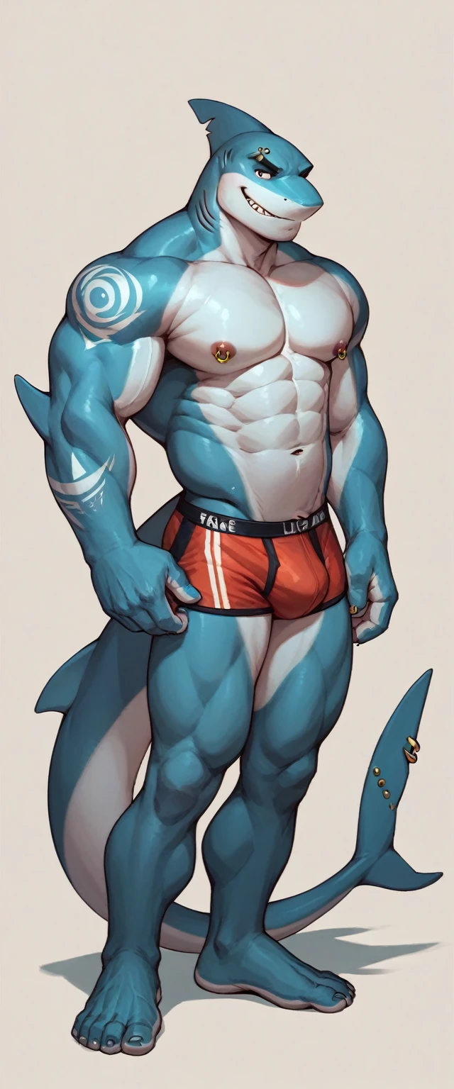 Shark anthropomorphic, blue-white skin color, male chest, Navel, nipples, full length, press, broad shoulders, muscular, tango briefs, Nipple piercing, tail piercing, piercing on right eyebrow, white tattoo on hand, poses,