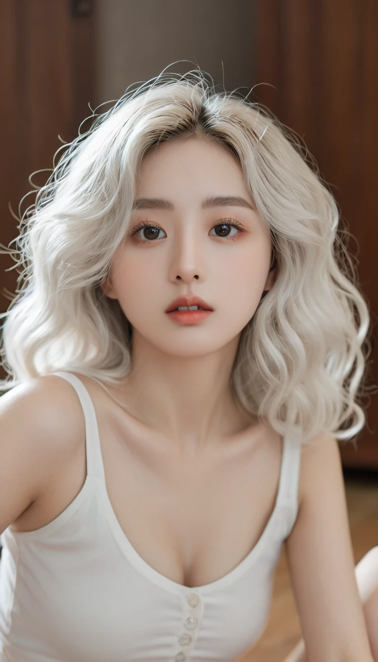 (Surrealism), (illustration), (high resolution), (8K), (Extremely detailed), (best illustration), (Beautiful and delicate eyes), (best quality), (Very detailed), (masterpiece), ( wallpaper), (Delicate face), solitary, 1 girl, White curly hair, Korean, Heterochromic Eyes, There is a small mole under the eye, Large Breasts, Long legs, Tight abdominal muscles, Dynamic poses, A woman takes a selfie while sitting on the floor, Photos of slim girls, Girl squatting, She is about 20 years old, She is about 20 years old, High-quality video,