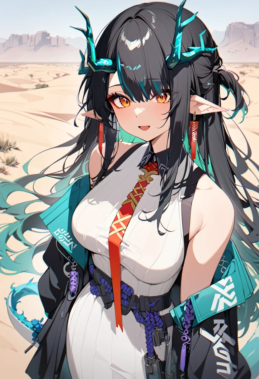1girl, dusk \(arknights\), arknights,(masterpiece, best quality), newest, dress , original outfit , black hair, horns, agm, dragon tail , orange eyes, desert , happy , open mouth